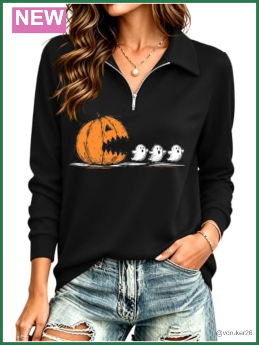 Women's Fall Pumpkin Graphic Long Sleeve Half Zip Polo Shirt